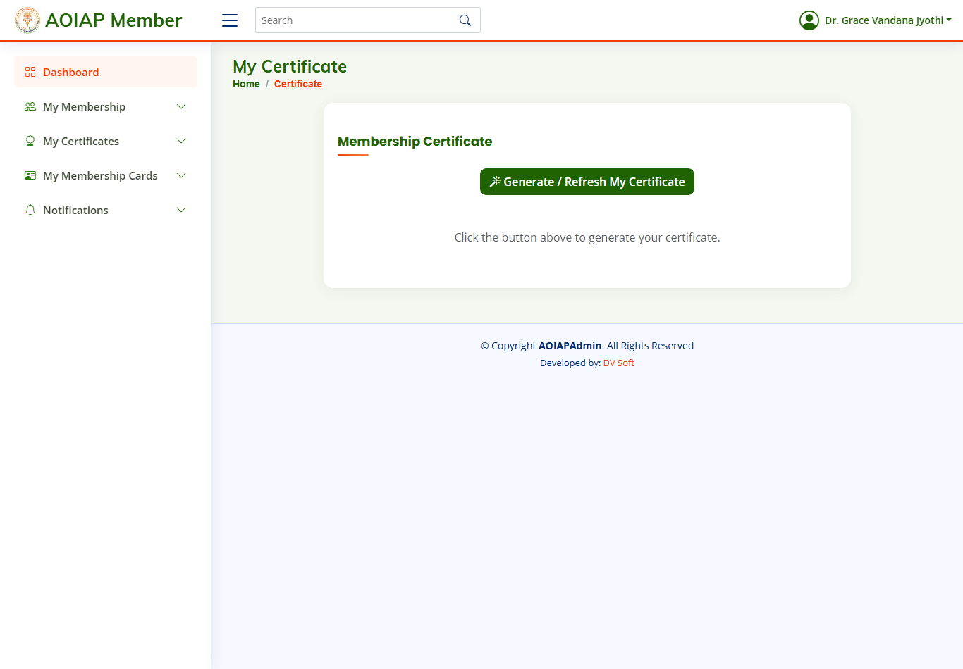 My Certificate page